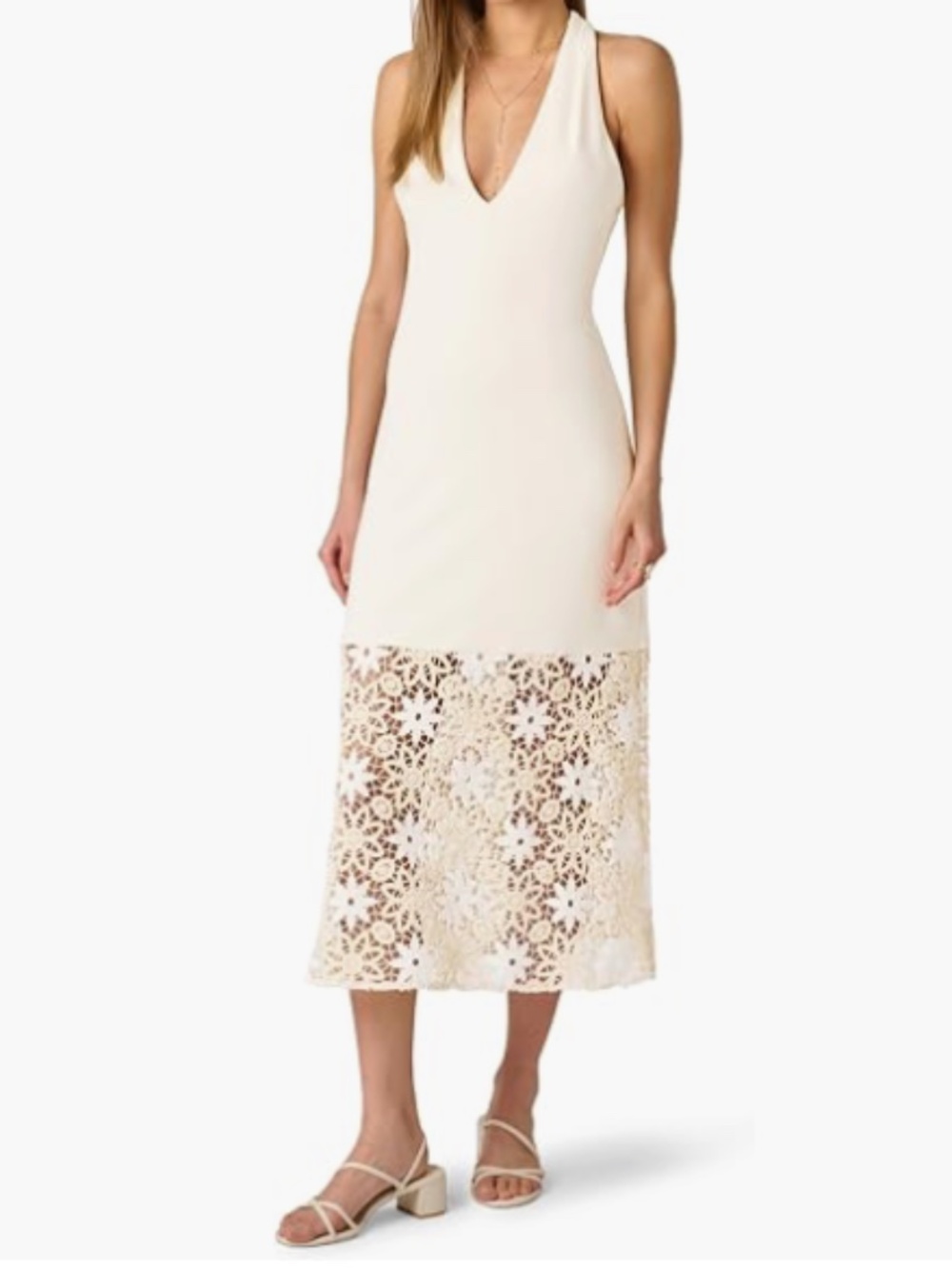 Adrianna Papell Strapless Printed Midi with Floral Crochet Hem